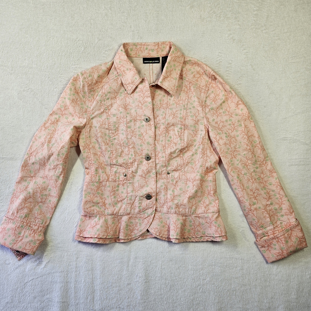 DKNY Jeans Womens Small Pink Floral Cotton Button Front Jacket Lightweight